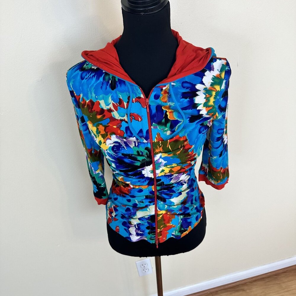 Joseph Ribkoff Womens Colorul Zip Up Top Medium 8 Hood Golf Tie Dye Cardigan
